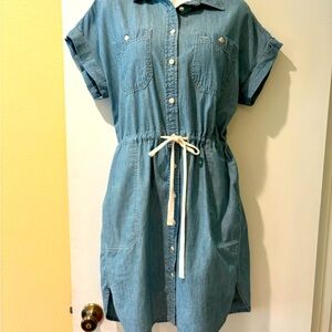 Cute Lauren denim dress, tie belt gathers at waist, scalloped hem at bottom
